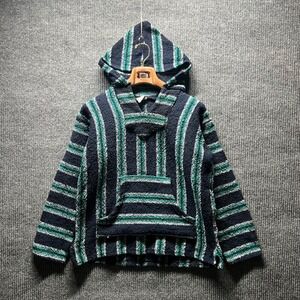 Sunspecs Baja Hoodie Mens Size M‎ Navy Teal Striped Mexican Poncho Drug Rug Surf